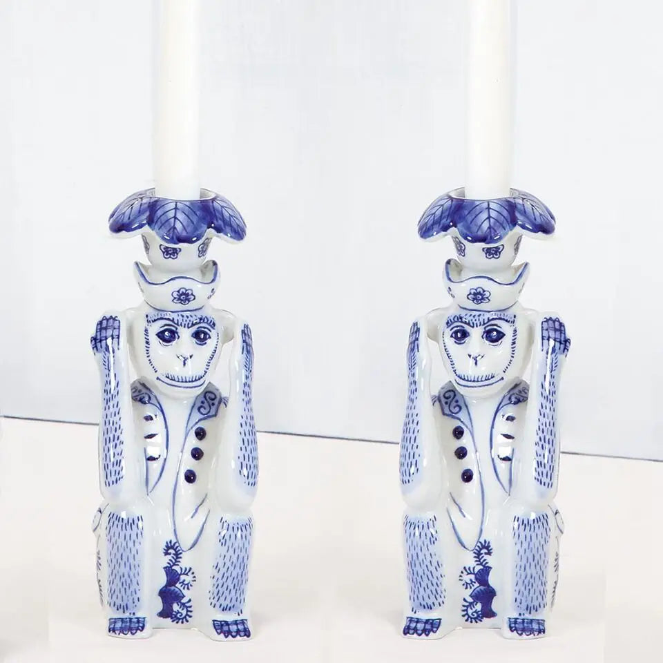 Blue Chinoiserie Monkey Candlestick Set - HD Marigold