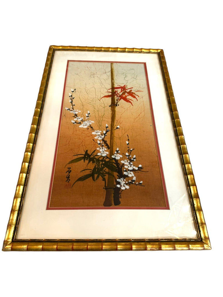 White Flower on Silk- Bamboo Frame - HD Marigold